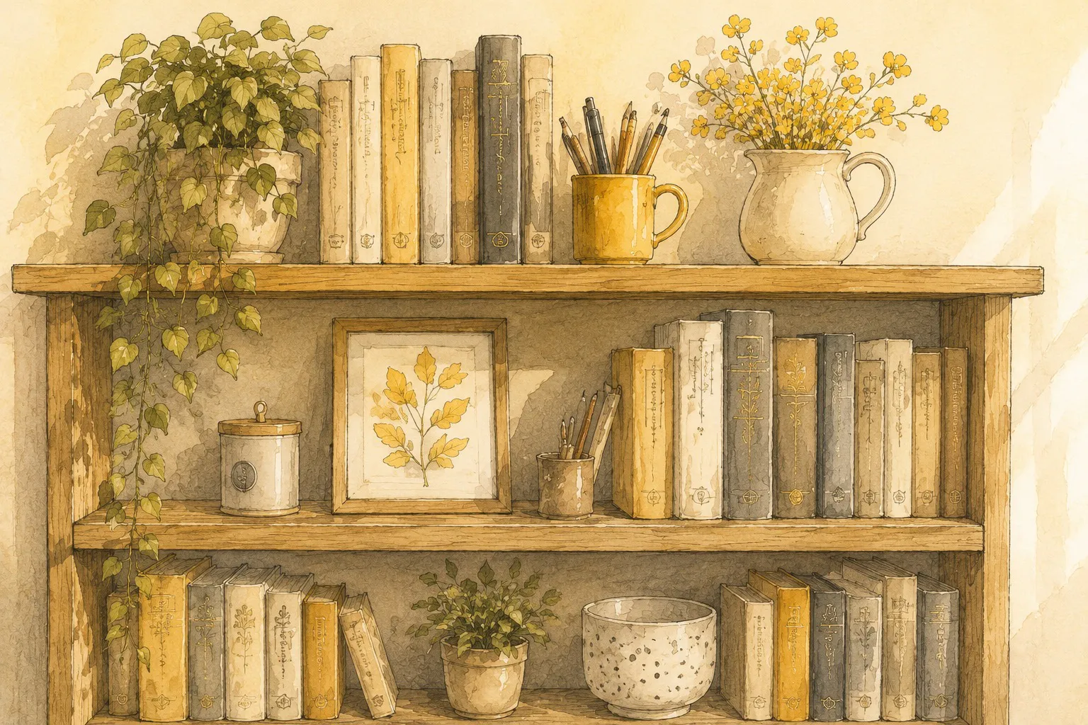 Watercolour of a bookshelf with yellow and grey books, flowers and a mug