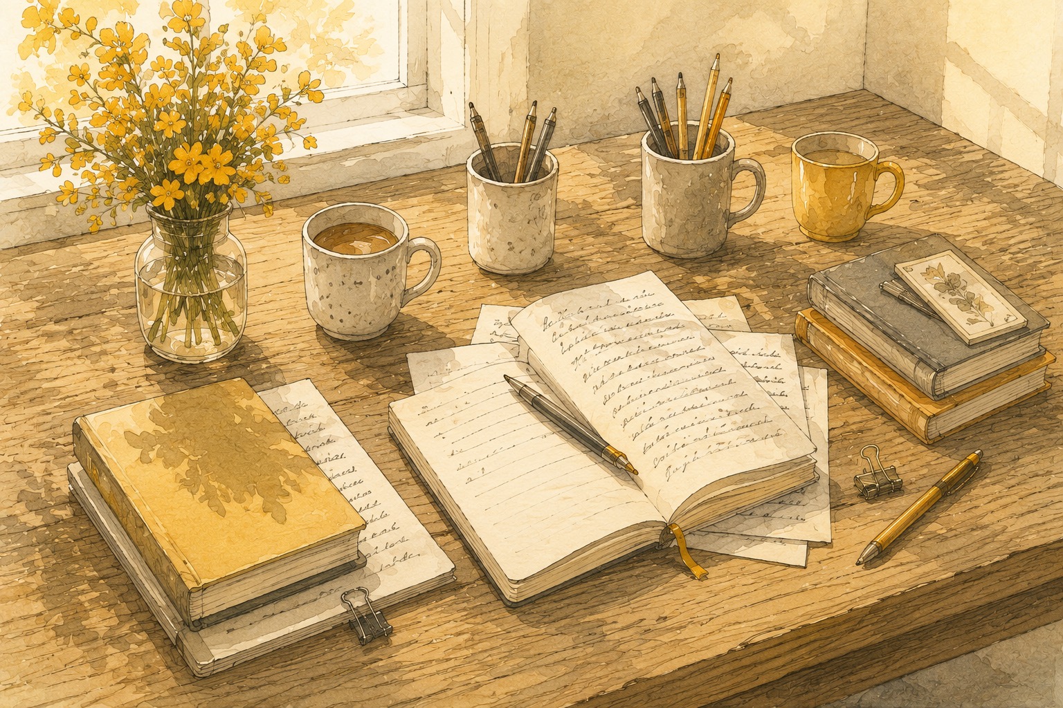 Watercolour of notebooks and mugs of tea gathered on a table by a window