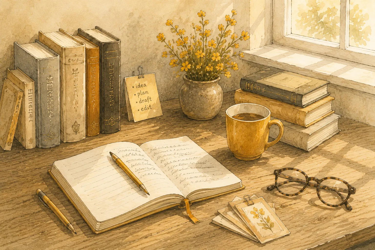 Watercolour of a writer's desk with an open notebook, tea and books