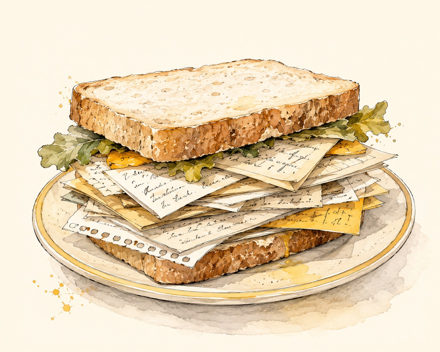 Watercolour of a sandwich filled with layers of handwritten manuscript pages