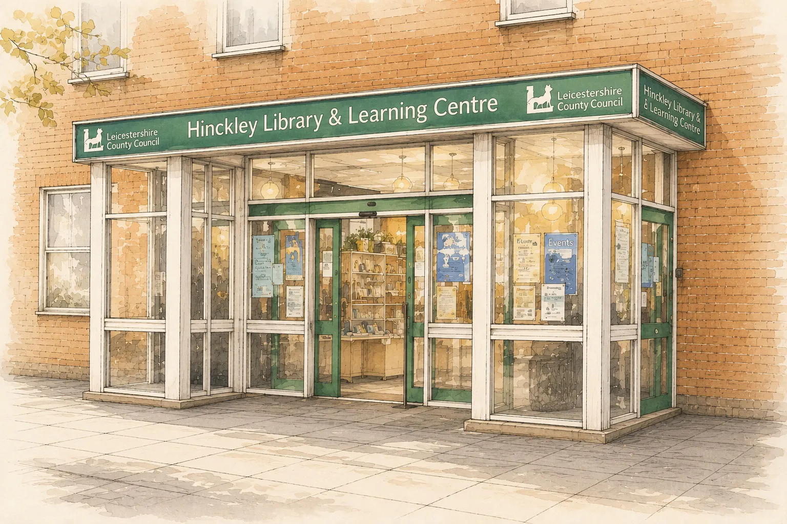 Watercolour of the entrance to Hinckley Library and Learning Centre