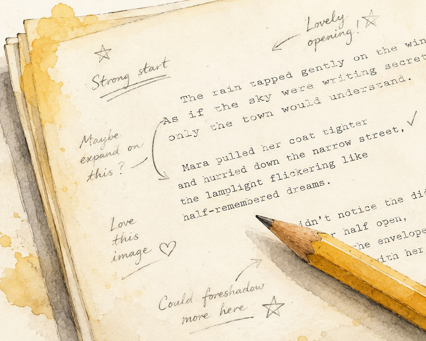 Watercolour of a manuscript page with friendly pencil notes in the margins