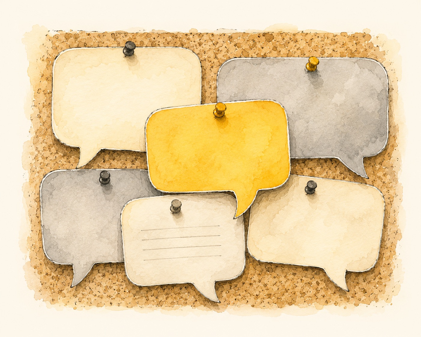 Watercolour of paper speech bubbles pinned to a corkboard, one bright yellow