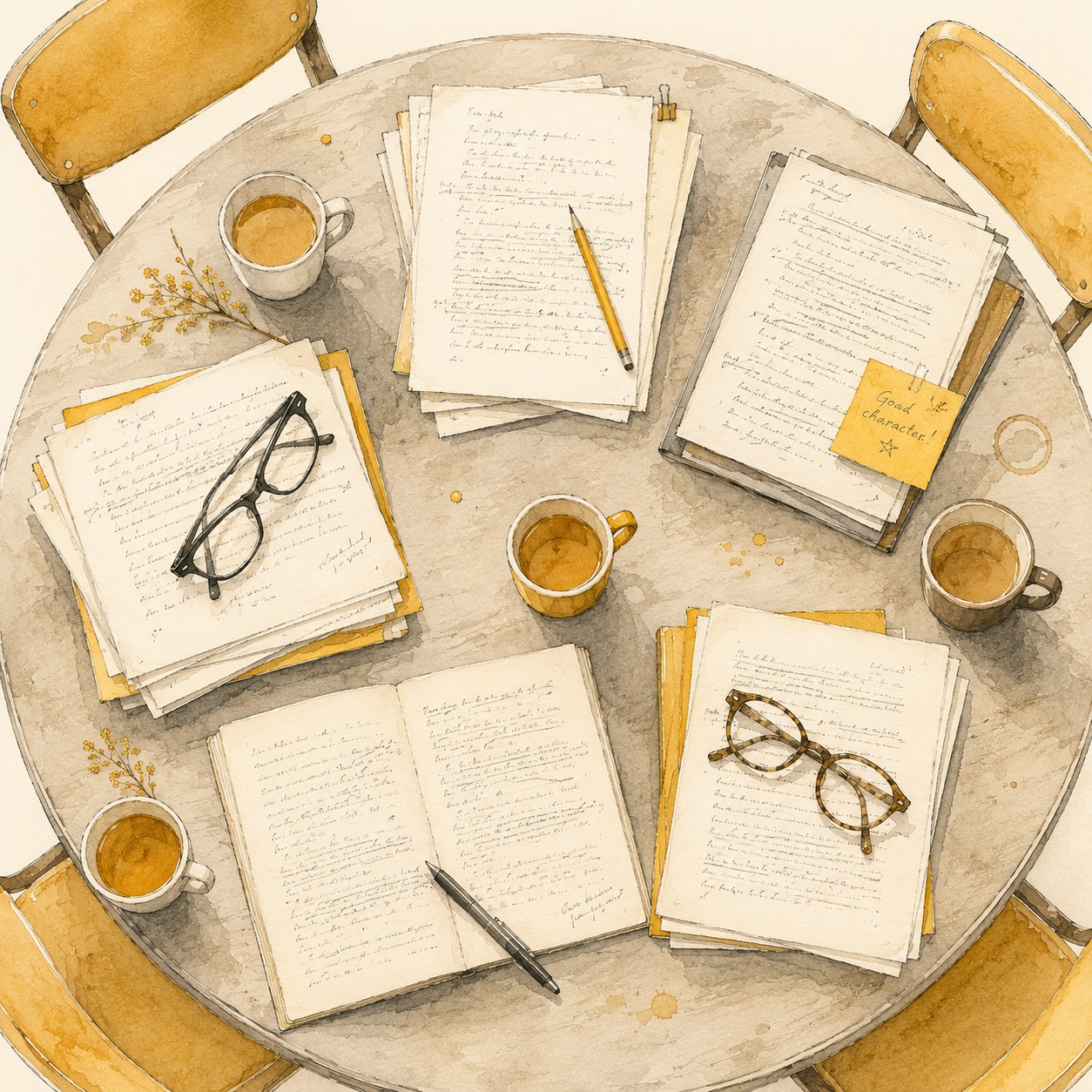 Watercolour bird's-eye view of a round table with manuscripts, tea and reading glasses