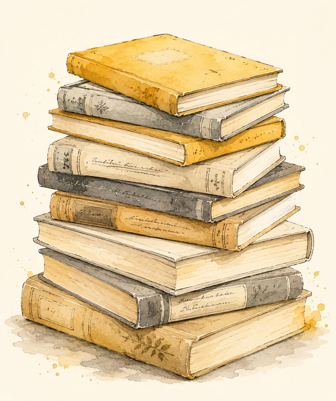 Watercolour of a tall pile of yellow and grey books