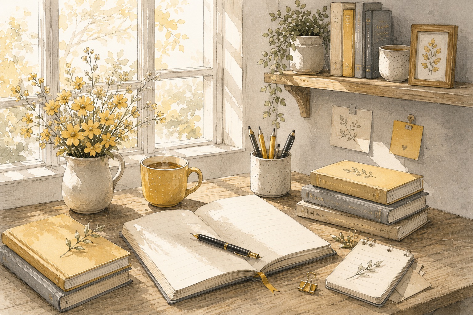 Watercolour of an open notebook on a desk beneath a sunny window
