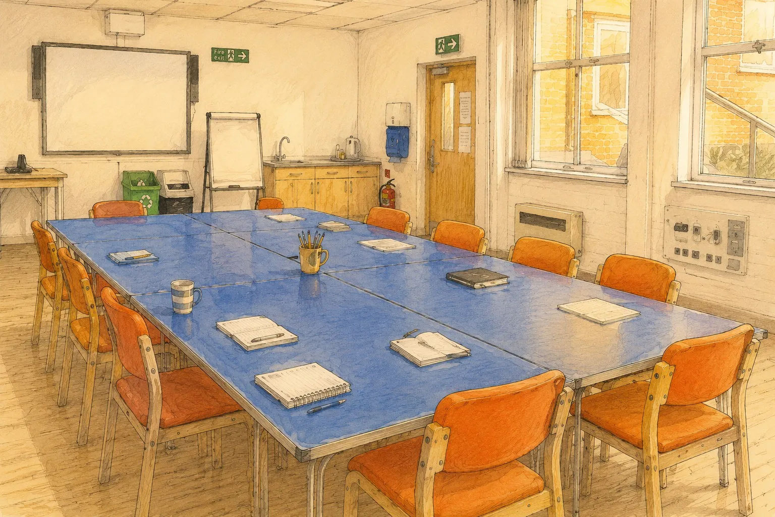 Watercolour of the meeting room at Hinckley Library with notebooks laid out on the table